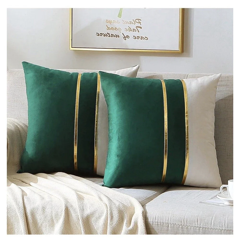 Soft Velvet Throw Pillow Covers ONLY W/ Gold Stripes Luxury Decorative Cushion